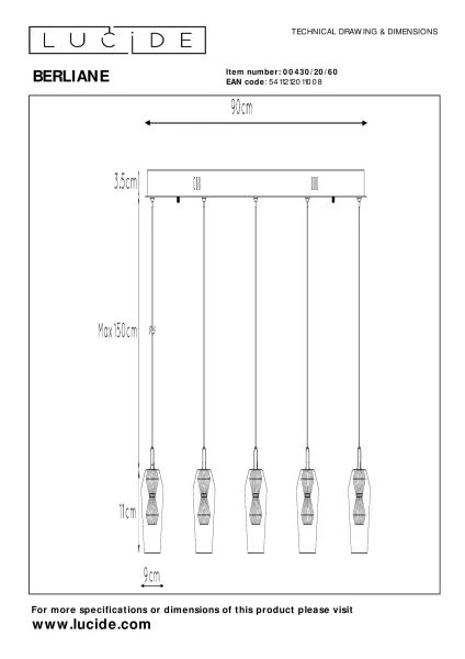 Lucide BERLIANE - Suspension - LED Dim. - 5x4W 2700K - Avec module LED remplaçable - Transparent - technique